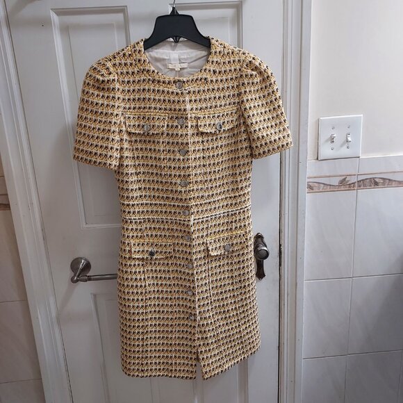 MAJE Yellow Gold Rill Metallic Cotton Tweed Mini Dress - Picture 3 of 11